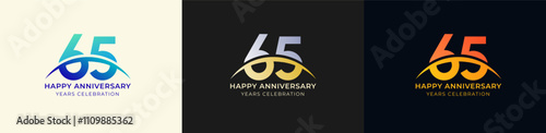 Logo Anniversary with Swoosh Sunrise 65th, 65th Happy Anniversary with Colorful Gradient, Luxury Gold and Silver.