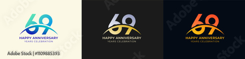 Logo Anniversary with Swoosh Sunrise 69th, 69th Happy Anniversary with Colorful Gradient, Luxury Gold and Silver.