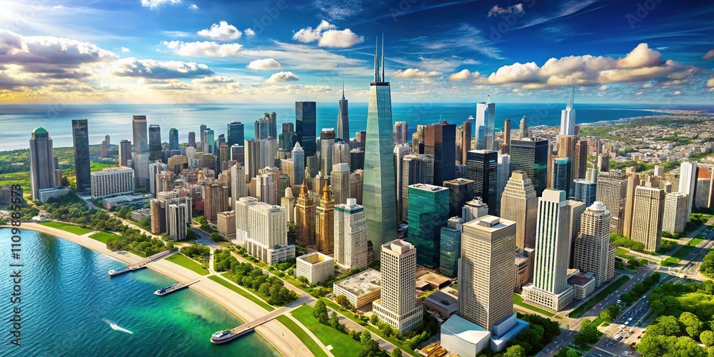 Naklejka premium Chicago 3D Aerial White City Illustration, Modern Architecture