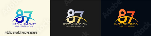 Logo Anniversary with Swoosh Sunrise 87th, 87th Happy Anniversary with Colorful Gradient, Luxury Gold and Silver.