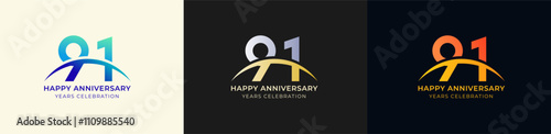 Logo Anniversary with Swoosh Sunrise 91th, 91th Happy Anniversary with Colorful Gradient, Luxury Gold and Silver.