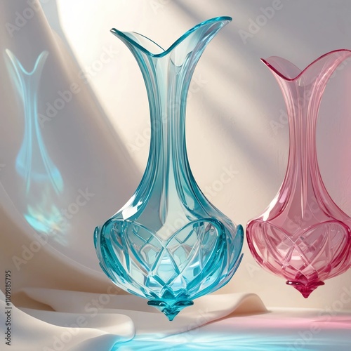 AI GENERATE background, A translucent vase refracting light in gradients of turquoise and pink