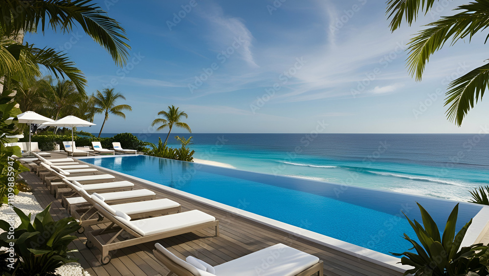 Fototapeta premium A luxury modern white beach hotel with an infinity pool overlooking the sea