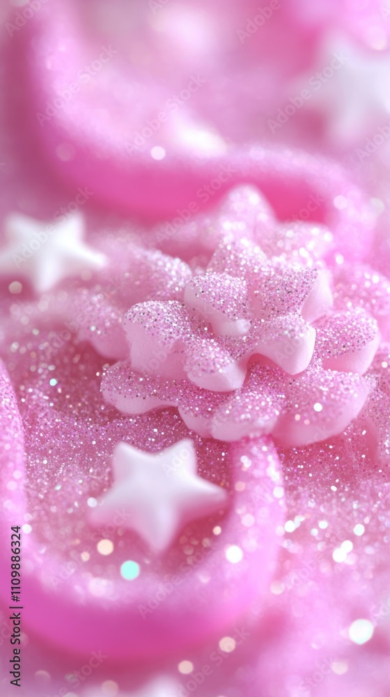 A close-up of pink decorative elements with glitter and stars, evoking a whimsical aesthetic. A close-up of pink decorative elements with glitter and stars, evoking a whimsical aesthetic.
