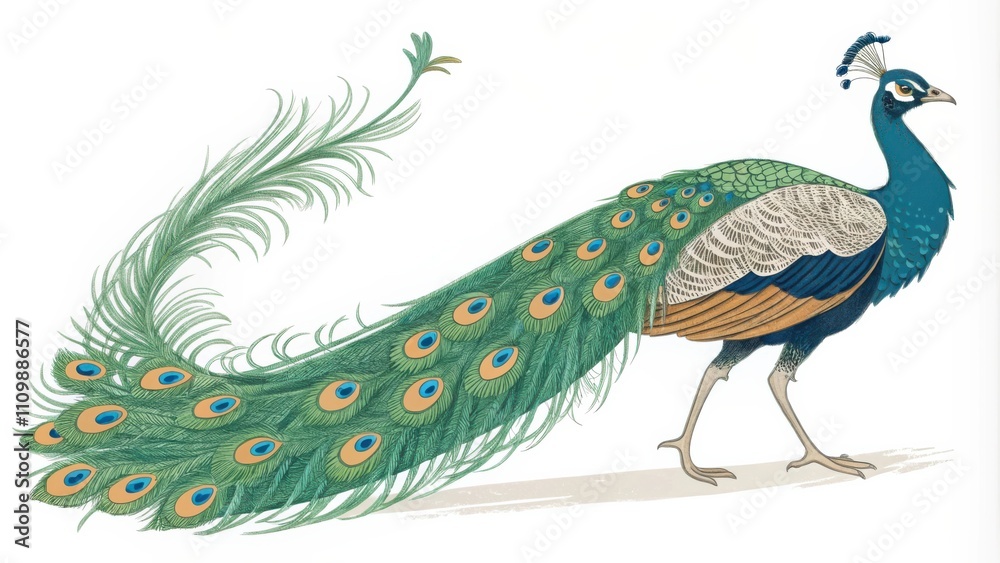 Fototapeta premium Stunning Peacock Displaying Its Vibrant Long Tail Feathers in Natural Elegance. Generative AI