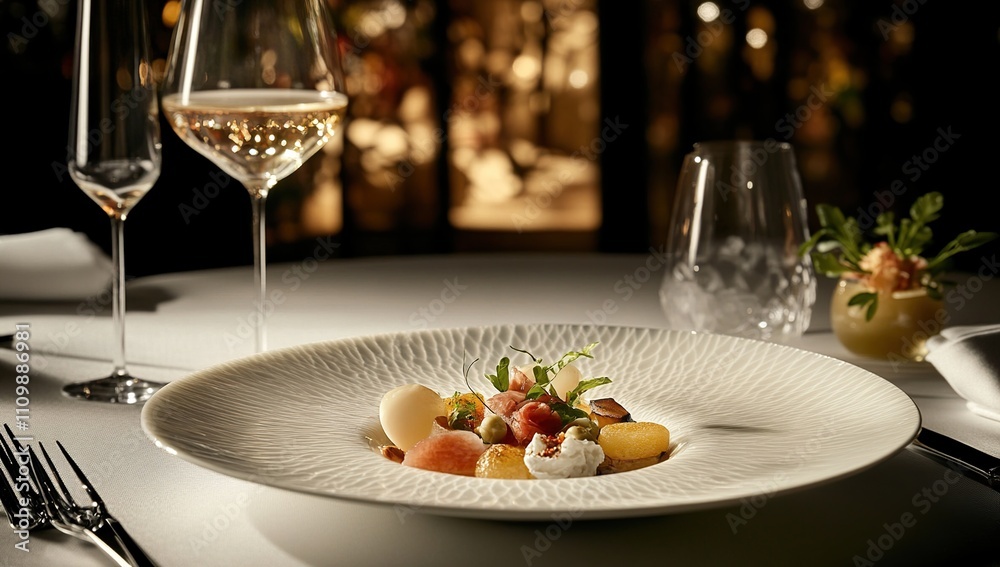 Elegant Fine Dining Experience: Gourmet Appetizer on Textured Plate with Wine Glasses Elegant Fine Dining Experience: Gourmet Appetizer on Textured Plate with Wine Glasses