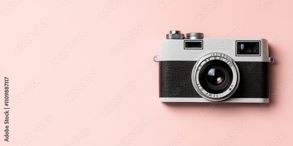 Fototapeta premium A vintage camera on a soft pink background, symbolizing photography and creativity.