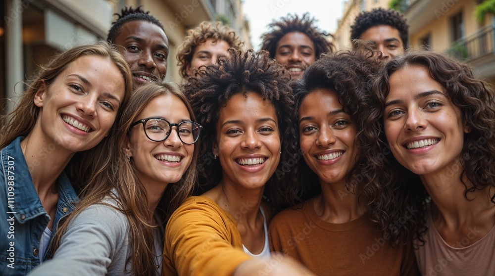 Photo of diverse friends taking a selfie together. Photo of diverse friends taking a selfie together.