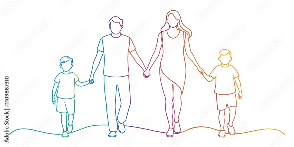 Happy Family Hand in Hand Line Art AI Photo Happy Family Hand in Hand Line Art AI Photo
