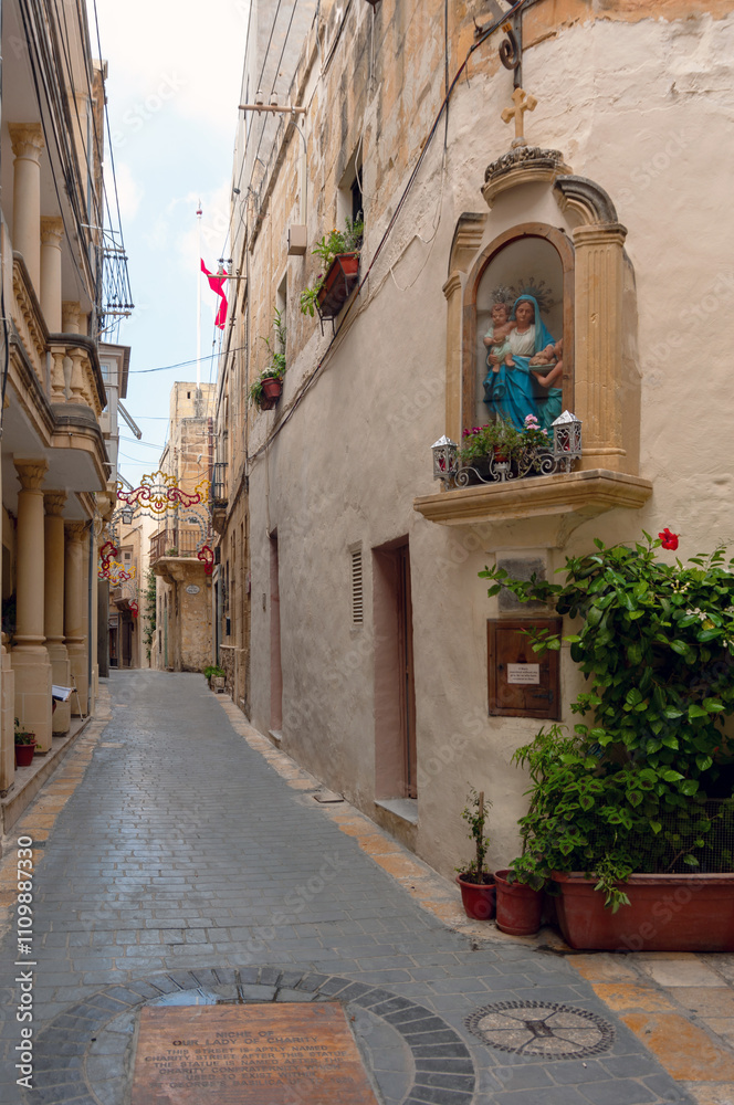 A narrow street with a statue of Mary and a few potted plants A narrow street with a statue of Mary and a few potted plants