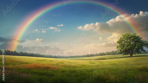 AI GENERATE background, A tranquil meadow scene with a gradient rainbow in the sky