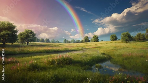 AI GENERATE background, A tranquil meadow scene with a gradient rainbow in the sky