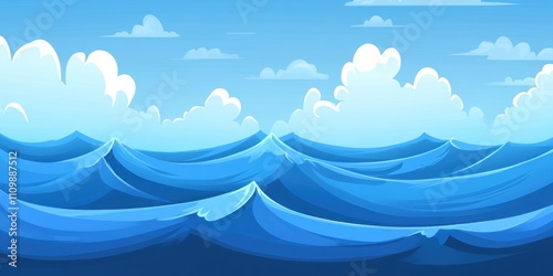 A vibrant illustration of ocean waves under a blue sky with fluffy clouds.