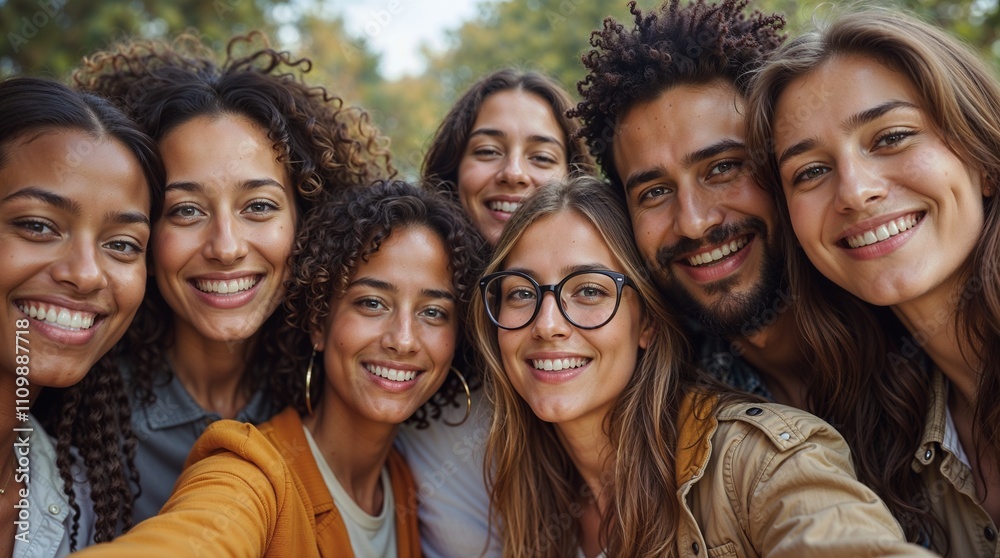 Photo of diverse friends taking a selfie together. Photo of diverse friends taking a selfie together.