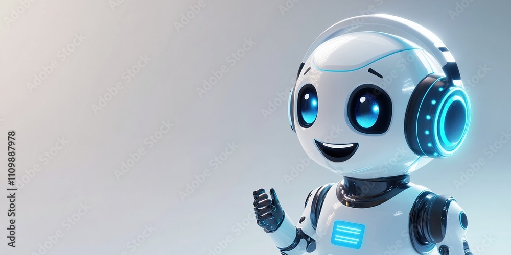 Friendly Robot with Headphones Giving a Thumbs Up: AI Assistant, Digital Technology, Future of Communication Friendly Robot with Headphones Giving a Thumbs Up: AI Assistant, Digital Technology, Future of Communication
