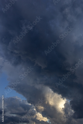 Dramatic sky with dark clouds at sunset, natural background.