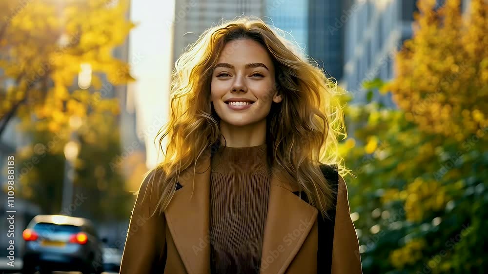 Smiling woman with wavy hair walks through city adorned with autumns yellow leaves and modern buildings, radiating warmth and confidence in outdoor setting. Smiling woman with wavy hair walks through city adorned with autumns yellow leaves and modern buildings, radiating warmth and confidence in outdoor setting.