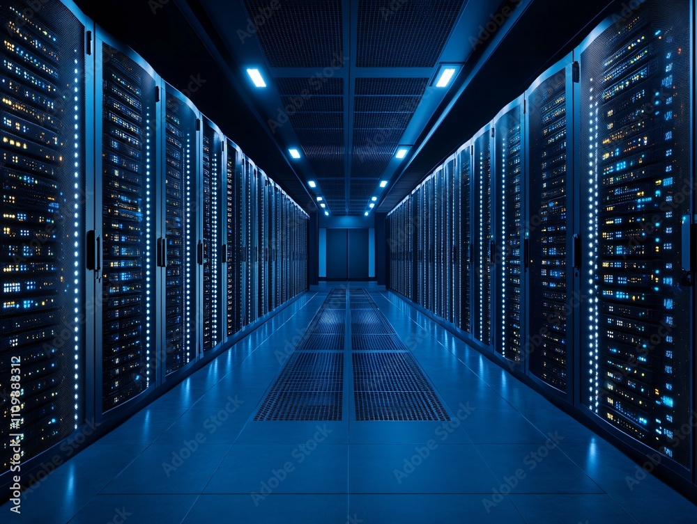 Fototapeta premium A dimly lit server room filled with racks of servers and blue LED lights.
