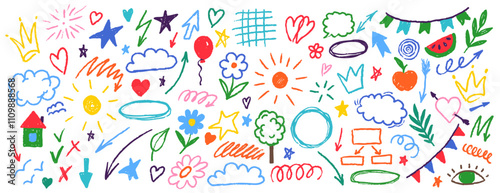 Cute kid scribble line flower, heart. rainbow background. Hand drawn doodle sketch childish element set. children draw style design elements background. Vector illustration with cute animals.