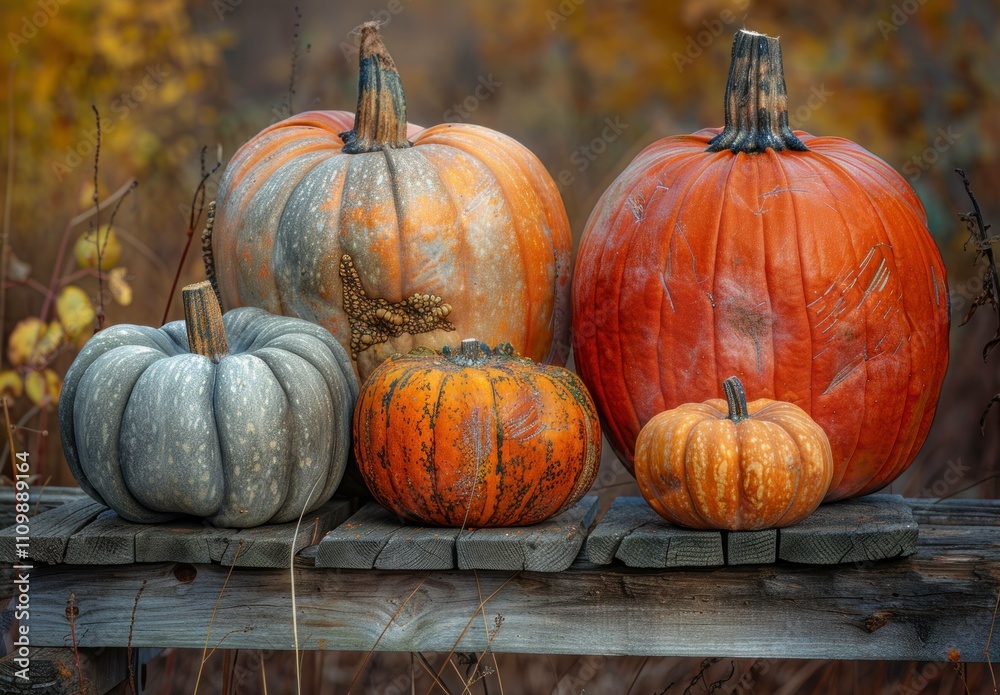 Beautiful arrangement of various pumpkins in autumn colors displayed on a rustic wooden table in a fall setting with vibrant foliage background. Beautiful arrangement of various pumpkins in autumn colors displayed on a rustic wooden table in a fall setting with vibrant foliage background.