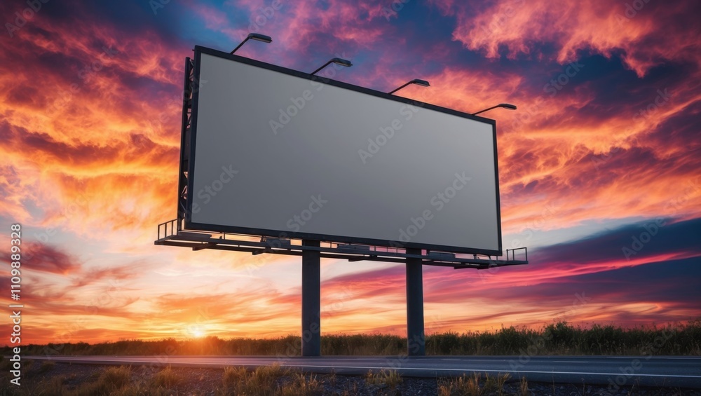 Sunset casts vibrant hues behind an empty billboard along a rural highway Sunset casts vibrant hues behind an empty billboard along a rural highway