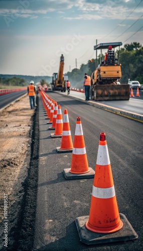 Safety Measures in Place During Road Construction With Orange Traffic Cones on a Highway. Generative AI