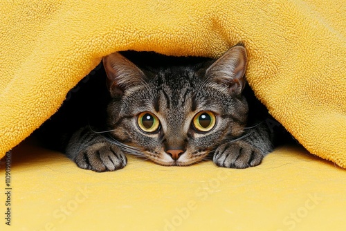 a cute cat on yellow background, birthday card , isolated on white background,  , copy space, copy space for text,