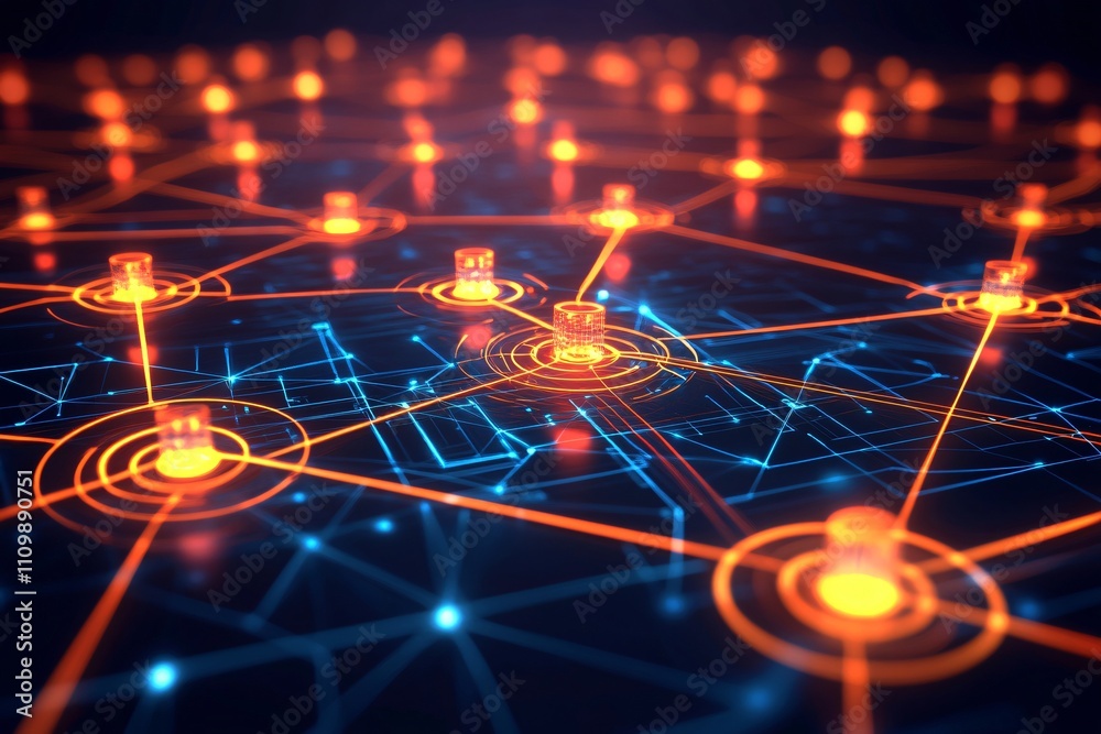 A digital network representation with interconnected nodes and glowing connections. A digital network representation with interconnected nodes and glowing connections.