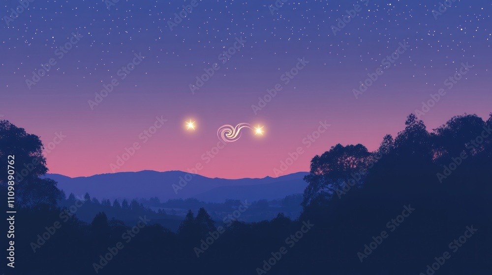 A serene twilight landscape with stars and celestial elements. A serene twilight landscape with stars and celestial elements.