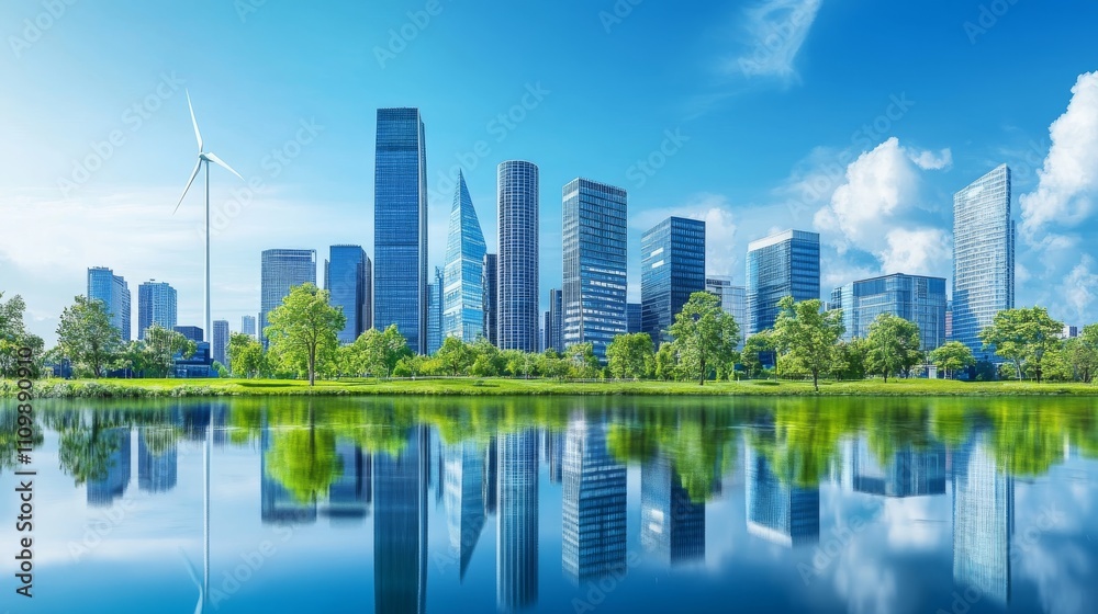 Futuristic Cityscape with High-Tech Energy Systems, Green-Roofed Buildings, and Wind Turbines Futuristic Cityscape with High-Tech Energy Systems, Green-Roofed Buildings, and Wind Turbines