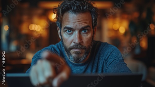 Intense Gaze of Man Pointing at Laptop in a Cozy Workspace