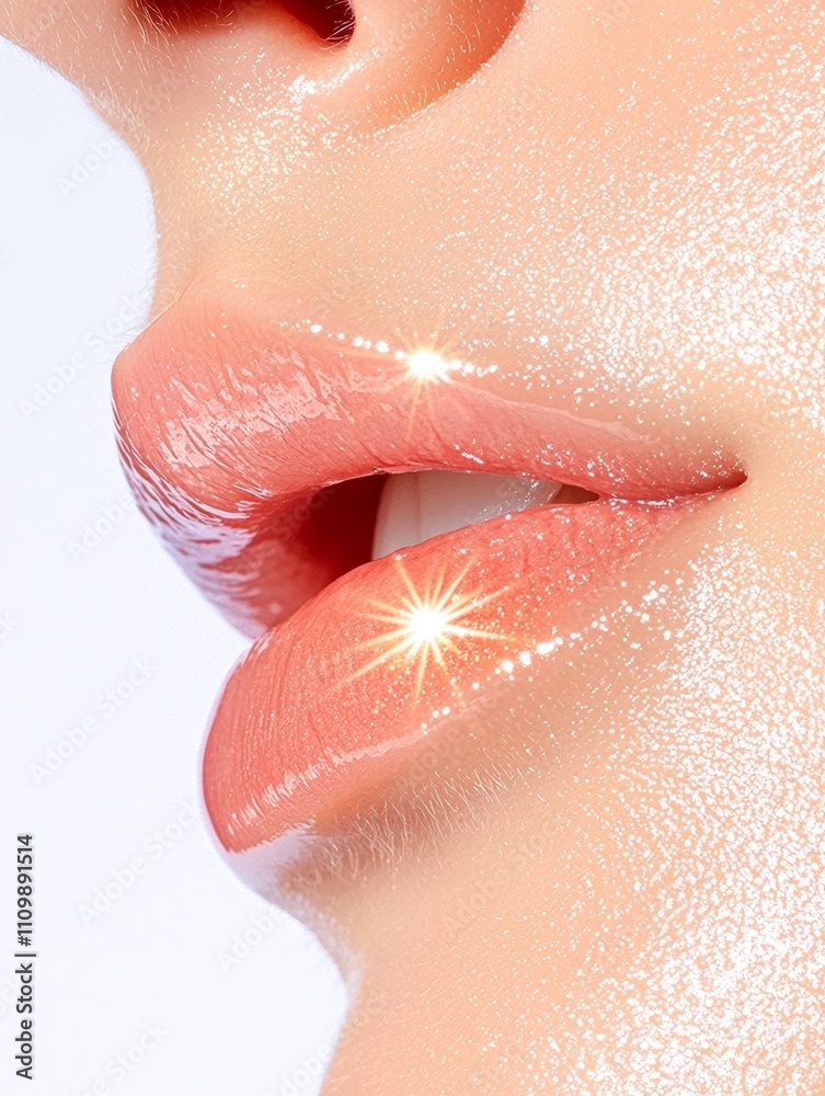 Fototapeta premium A close-up of glossy, shimmering lips, showcasing a soft peach hue and a radiant shine, emphasizing beauty and skincare.