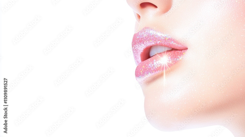 Obraz premium A close-up of shimmering, glossy lips with a hint of sparkle against a clean white background.