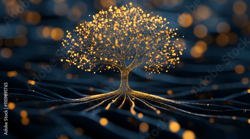 A glowing tree with intricate roots, surrounded by shimmering lights, creating a magical and serene atmosphere.