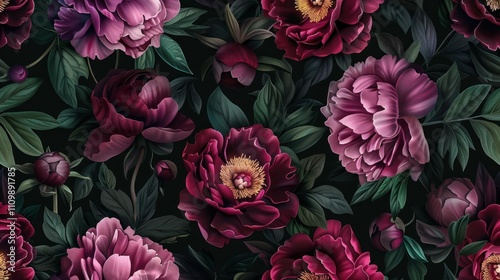 Dark floral pattern with vibrant peonies in various shades of pink and purple, surrounded by lush green leaves. Perfect for backgrounds and textiles.