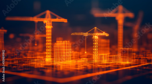 A futuristic digital construction site featuring glowing cranes and buildings, showcasing innovation in architecture and engineering.