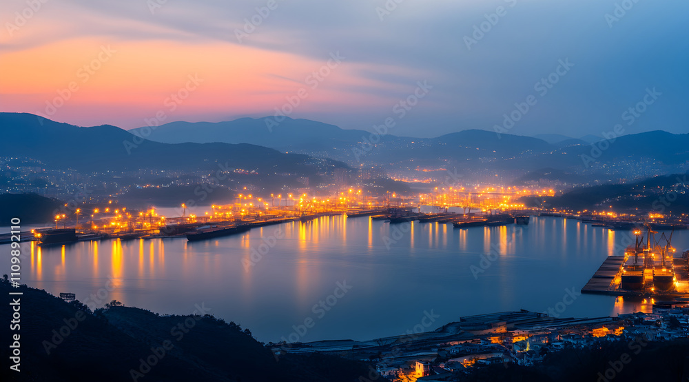 Fototapeta premium A stunning dusk view of a harbor illuminated by city lights, surrounded by mountains under a colorful sky.