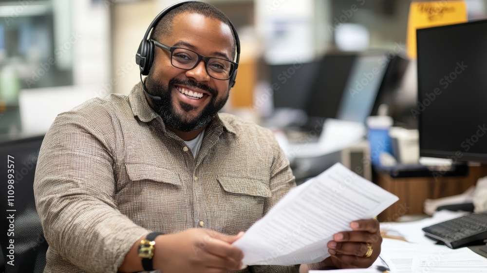 Busy Call Center Agent Multitasking with Client, Documents, and Headset Busy Call Center Agent Multitasking with Client, Documents, and Headset