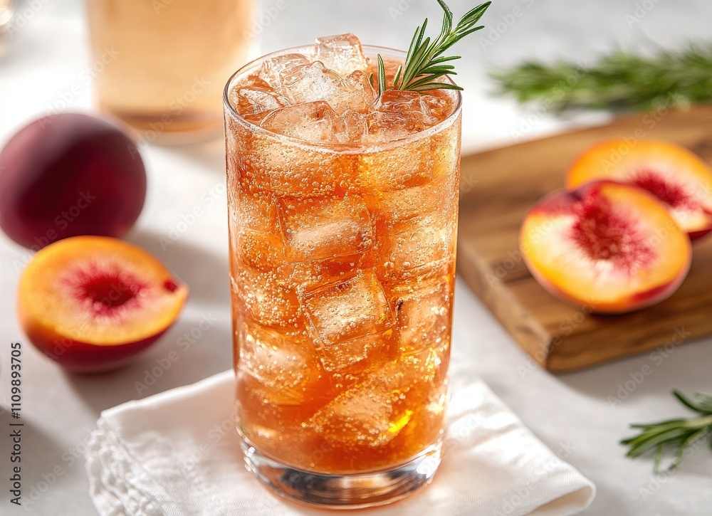 Fototapeta premium Refreshing peach iced tea with rosemary garnish, served in a tall glass with ice cubes. Perfect for summer.