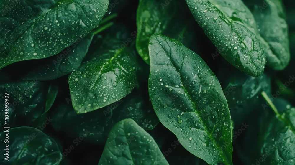Obraz premium A bunch of green leaves with water droplets on them