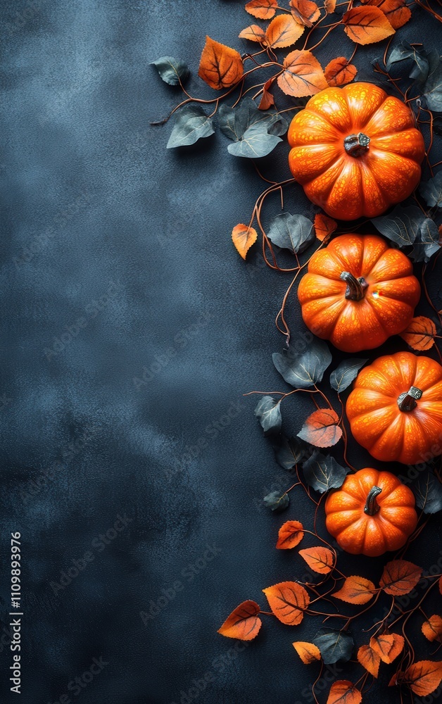 Autumnal still life featuring a line of small pumpkins and autumn leaves against a dark background, perfect for fall or Halloween themes. Autumnal still life featuring a line of small pumpkins and autumn leaves against a dark background, perfect for fall or Halloween themes.