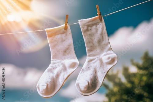 Pair of white socks hanging on a clothesline to dry in the sun.
