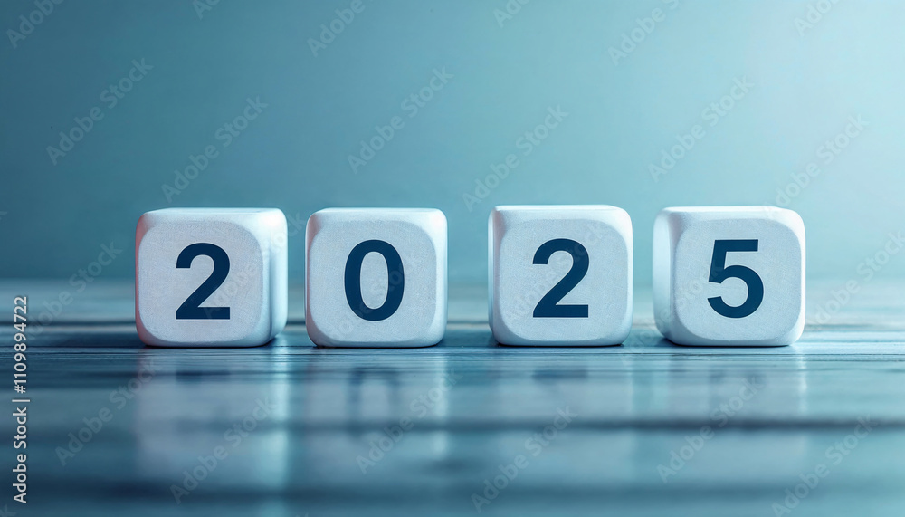 Numbers representing the year 2025 on white cubes against a blue background, signaling the upcoming transition to a new year Numbers representing the year 2025 on white cubes against a blue background, signaling the upcoming transition to a new year