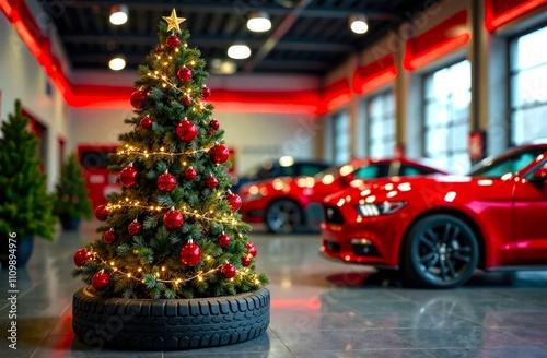 Car repair shop or tire station, is decorated for Christmas. Christmas tree with garland lights, cars in the background. illustration with copy space