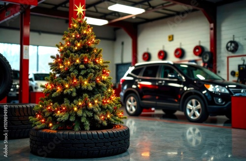 Car repair shop or tire station, is decorated for Christmas. Christmas tree with garland lights, cars in the background. illustration with copy space