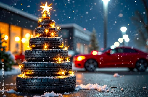 Close-up of Christmas tree made of car tires with garland, against the background of a car showroom, outdoors. Festive atmosphere on the street, new car as a gift for Christmas. Copy space