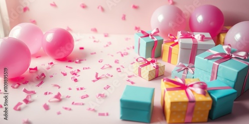 Festive Celebration with Pastel-Colored Gift Boxes and Balloons Surrounded by Delicate Confetti on a Pink Background