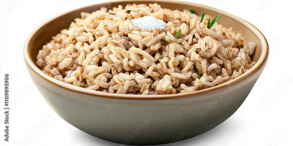 A bowl of cooked brown rice garnished with herbs and a sprinkle of salt. A bowl of cooked brown rice garnished with herbs and a sprinkle of salt.
