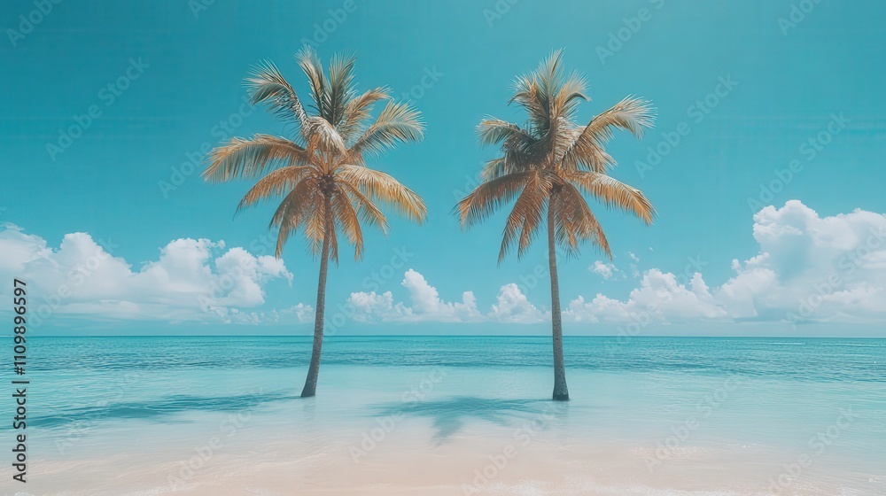 Fototapeta premium Serene tropical beach scene with two majestic palm trees standing in shallow turquoise water under a vibrant blue sky, perfect for travel, vacation, or relaxation themes.