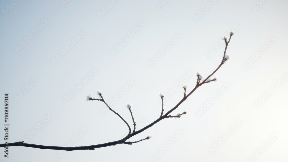 A lone branch reaching towards the sky with delicate white buds, a symbol of hope and new beginnings. A lone branch reaching towards the sky with delicate white buds, a symbol of hope and new beginnings.